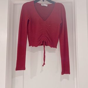 Red ruched crop top long sleeve
